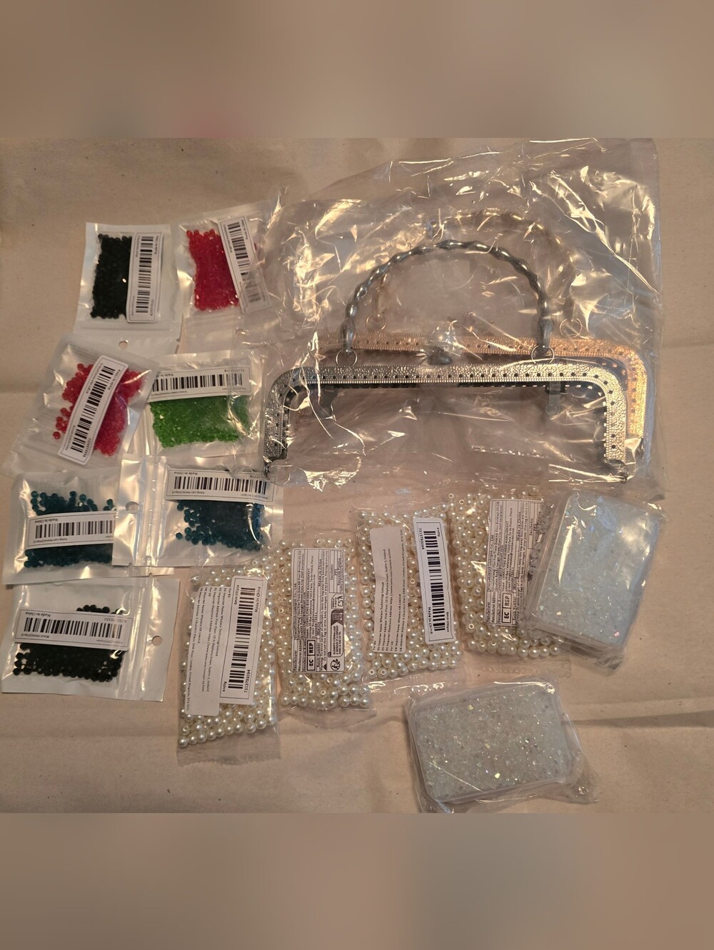 DIY Beaded Purse Making Kit Lot: Frame, Faux Pearls & 4mm Bicone Beads